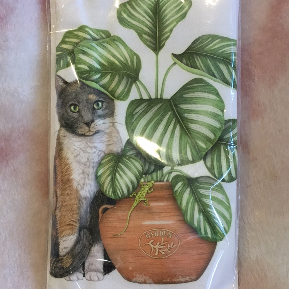 Cat and Potted Plant Garden Whimsey Kitchen Flour Sack towel 30x30” Cotton NWT